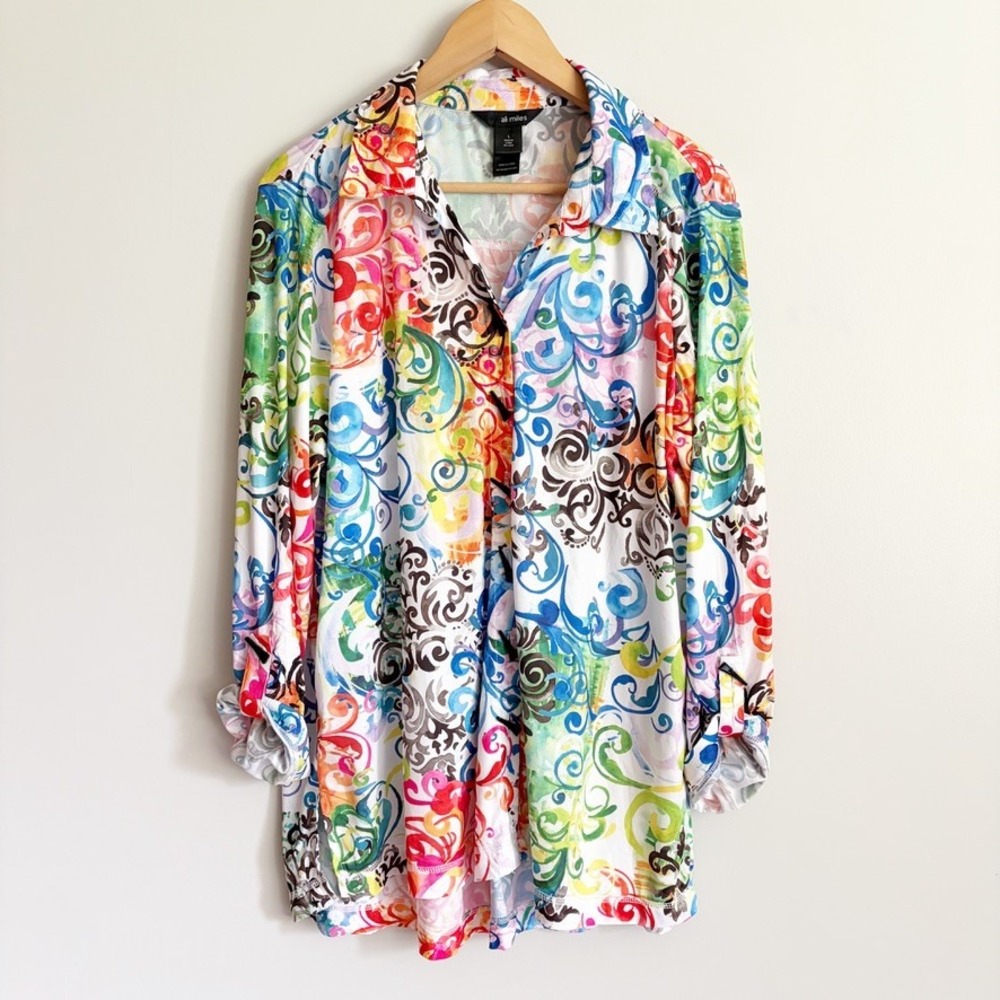 Ali Miles Scroll Print Button Up Tunic Size Large Colorful Art to Wear Toggle